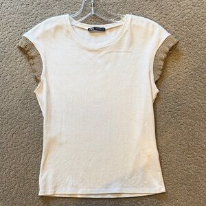 Zara White Short Sleeve Top with Metallic Ruffle Sleeve